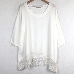 STELLA MARTINI 100% Linen & Lace Hem Tunic Top Plus Sz 2X White Coastal EUC